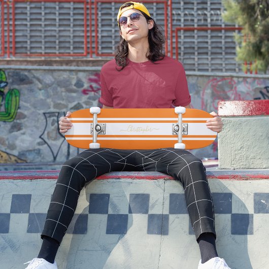 クラシックオレンジホワイトレーシングストライプ金ゴールドモノグラム スケートボード