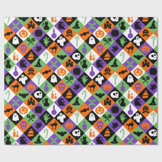 クラシックオレンジ、緑、紫ハロウィーンをテーマにした ラッピングペーパー (フラット)