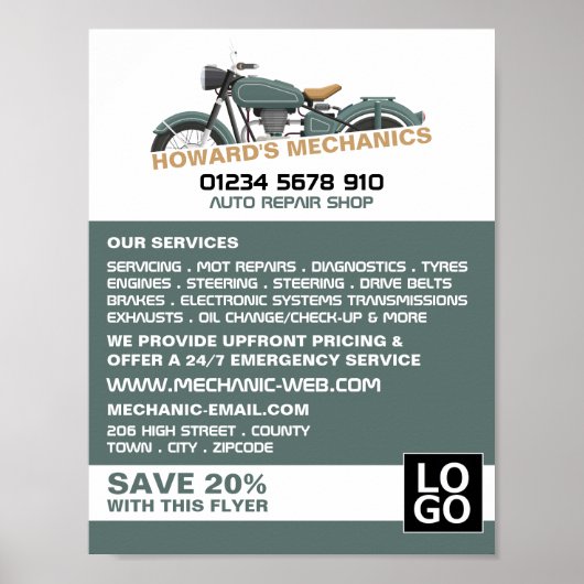 クラシックオートバイ、自動整備士&修理広告 ポスター (正面)