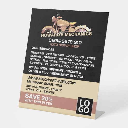 クラシックオートバイ、自動整備士&修理広告 台座サイン (正面)