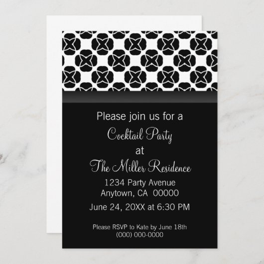 クラシックカしゃれているクテルパーティー招待状、白黒 招待状 (正面/裏面)