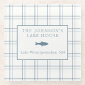 クラシックカスタマイズ可能なプレイドレイクハウスブルーフィッシュ ガラスコースター (正面)