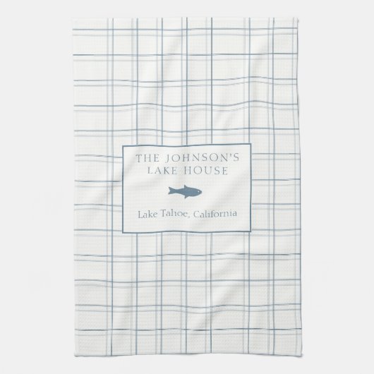 クラシックカスタマイズ可能なプレイドレイクハウスブルーフィッシュ キッチンタオル (縦)