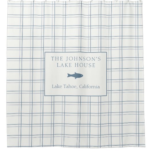 クラシックカスタマイズ可能なプレイドレイクハウスブルーフィッシュ シャワーカーテン (正面)