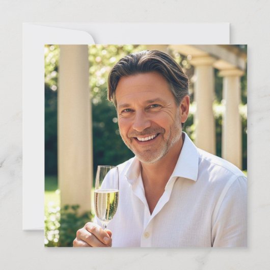 クラシックカスタムエージフォトギリシャ鍵誕生日グレー 招待状 (裏面)