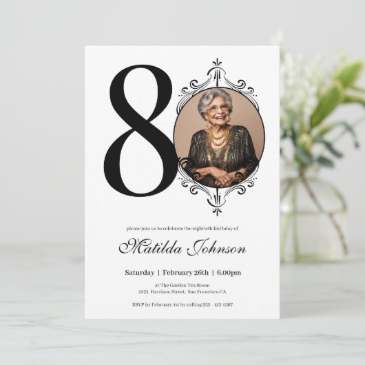 クラシックカスタム写真白黒80誕生日 招待状 (スタンド正面)