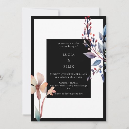 クラシックカラー黒フローラミニマル結婚リスト 招待状 (正面)