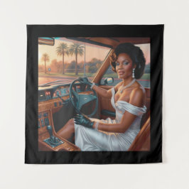 クラシックカーに乗るエレガントな女性 タペストリー