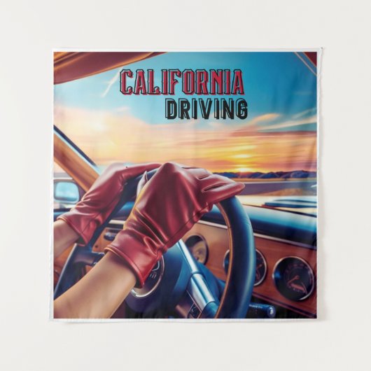 クラシックカーに乗るエレガントな女性 タペストリー (正面)