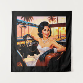 クラシックカーに乗るエレガントな女性 タペストリー