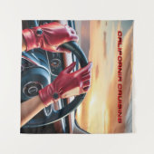 クラシックカーに乗るエレガントな女性 タペストリー (正面(横))