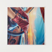 クラシックカーに乗るエレガントな女性 タペストリー (正面(横))