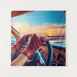 クラシックカーに乗るエレガントな女性 タペストリー