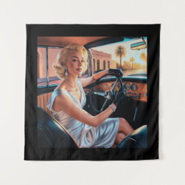 クラシックカーに乗るエレガントな女性 タペストリー