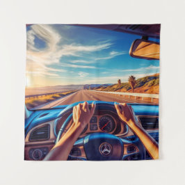 クラシックカーに乗るエレガントな女性 タペストリー