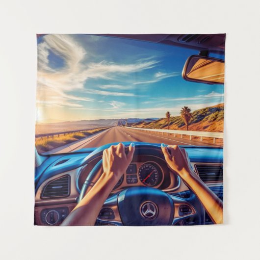 クラシックカーに乗るエレガントな女性 タペストリー (正面)