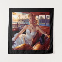 クラシックカーに乗るエレガントな女性 タペストリー