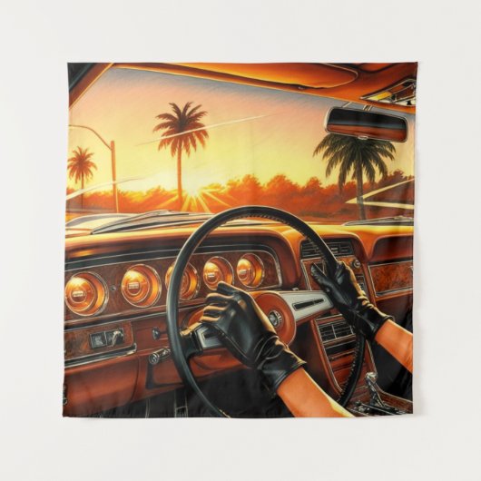 クラシックカーに乗るエレガントな女性 タペストリー (正面)