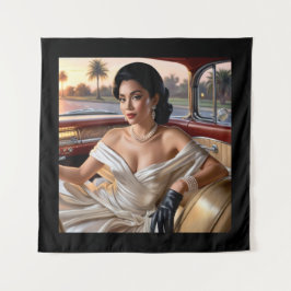 クラシックカーに乗るエレガントな女性 タペストリー