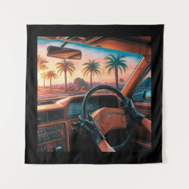 クラシックカーに乗るエレガントな女性 タペストリー