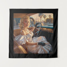 クラシックカーに乗るエレガントな女性 タペストリー