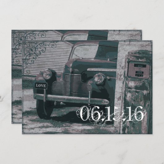 クラシックカーのガソリンスタンドのヴィンテージの結婚式招待状 招待状 (正面/裏面)