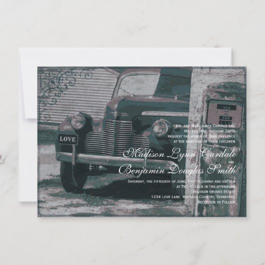 クラシックカーのガソリンスタンドのヴィンテージの結婚式招待状 招待状 (裏面)