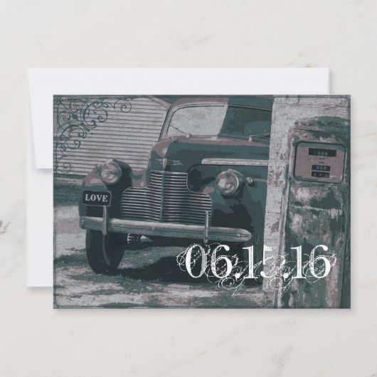 クラシックカーのガソリンスタンドのヴィンテージの結婚式招待状 招待状 (正面)