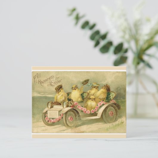 クラシックカーの郵便はがきのヴィンテージのイースターひよこ シーズンポストカード (スタンド正面)
