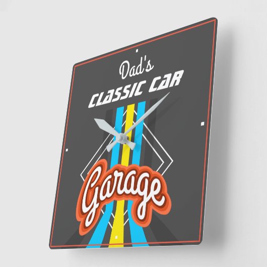 クラシックカーガレージレトロカラータイポグラフィグレー スクエア壁時計 (傾斜)