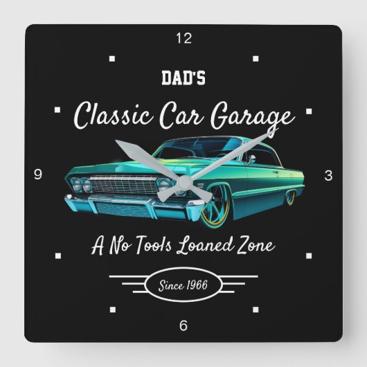 クラシックカーガレージDad's Green Car 名前 ブラック スクエア壁時計 (正面)
