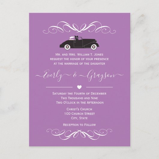 クラシックカー任意の色パープル結婚ズ インビテーションポストカード (正面)