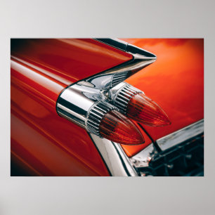 クラシックキャデラックテールフィン自動車赤い車ポスターアート ポスター