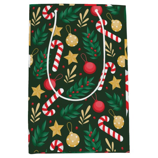 クラシックキャンディと葉クリスマス ミディアムペーパーバッグ (正面)