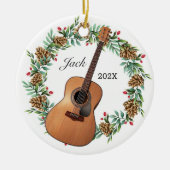 クラシックギタークリスマスリースパインコーン音楽 セラミックオーナメント (正面)