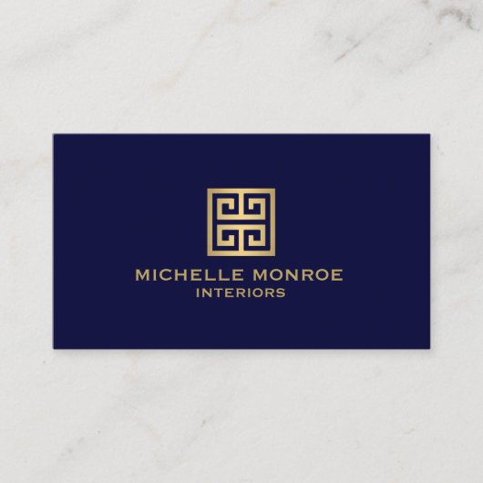 クラシックギリシャ鍵デザイナーロゴ金ゴールド/ネイビーブルー 名刺 (正面)