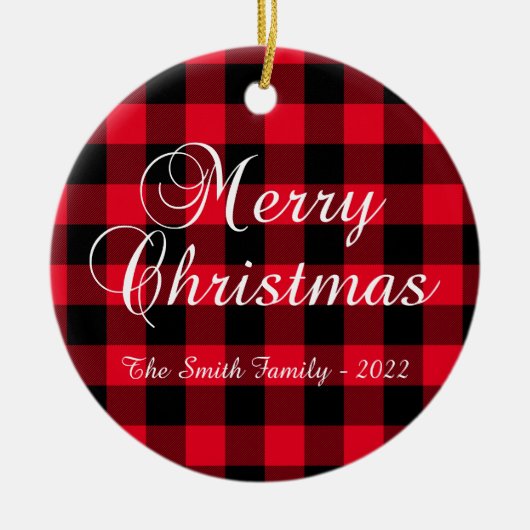 クラシッククリスティーレッド・バッファロー・プレイド家族の写真 セラミックオーナメント (正面)