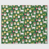 クラシッククリスマスのトナカイ&オーナメントグリーン ラッピングペーパー (フラット)