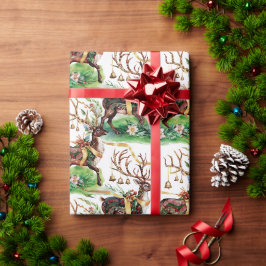 クラシッククリスマスのトナカイ&金ゴールドベル ラッピングペーパー