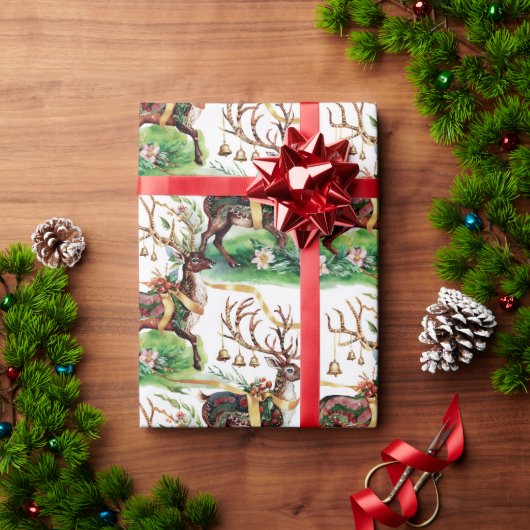 クラシッククリスマスのトナカイ&金ゴールドベル ラッピングペーパー (クリスマスギフト)