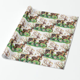 クラシッククリスマスのトナカイ&金ゴールドベル ラッピングペーパー