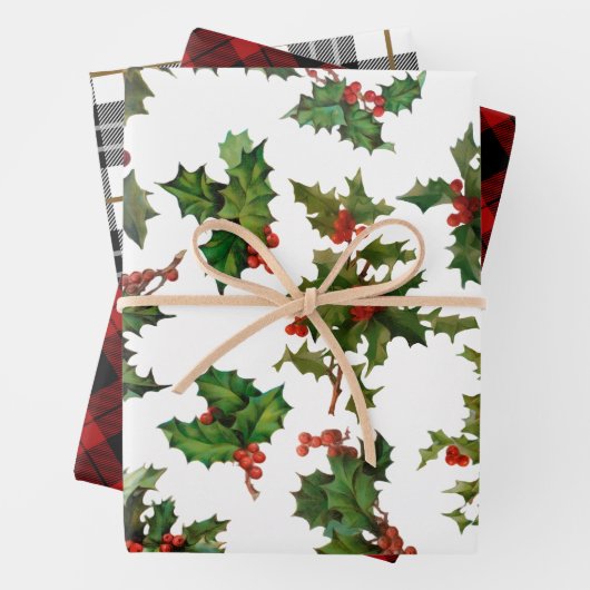 クラシッククリスマスの格子模様とヴィンテージホリー ラッピングペーパーシート (インサイチュ)