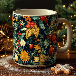 クラシッククリスマスの葉と赤いオーナメント コーヒーマグカップ