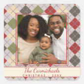 クラシッククリスマスアーガイルティンセルホリデーフォト スクエアシール (正面)