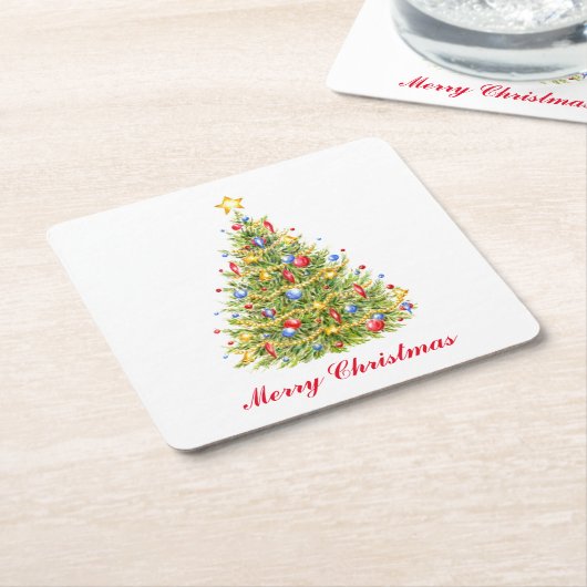 クラシッククリスマスツリーメリークリスマスコースター スクエアペーパーコースター (アングル)
