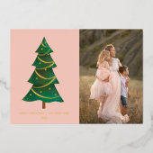 クラシッククリスマスツリー赤面ピンク写真 箔シーズンカード (正面)