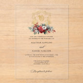 クラシッククリスマスフローラクレストモノグラム結婚ズ アクリル招待状 (正面)