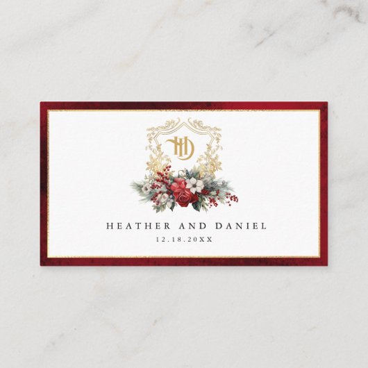 クラシッククリスマスフローラクレストモノグラム結婚ズ プレイスカード (裏面)