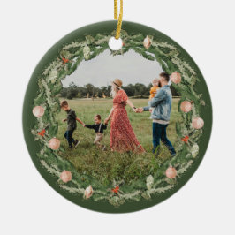 クラシッククリスマスフローラフレームフォトオーナメント セラミックオーナメント