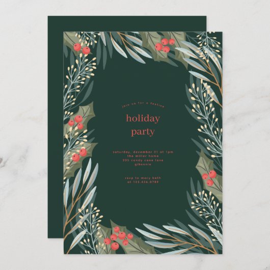 クラシッククリスマスフローラフレームホリデーパーティー 招待状 (正面/裏面)